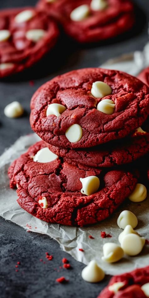 Red Velvet Cookies Aesthetic, Biscotti Aesthetic, Red Christmas Cookies, Deserts Aesthetic, Redvelvet Cookies, Galletas Red Velvet, Red Velvet Chocolate Chip Cookies, Chocolate Chip Cookies Easy, Aesthetic Cookies