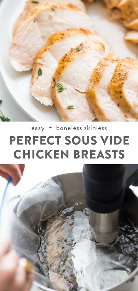 This easy sous vide chicken breast is quick and versatile with the help of a sous vide precision cooker like Anova. Using easy-to-find and healthy boneless skinless chicken breasts, this recipe combines the right temp and time to produce the juiciest, most tender chicken breasts of your life! #sousvide #chicken Instant Pot Sous Vide, Sous Vide Chicken Breast, Sous Vide Chicken, Chicken Breast Recipe, Sous Vide Recipes, Sous Vide Cooking, Breast Recipe, Tender Chicken, Boneless Skinless Chicken