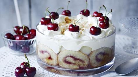 Homemade Swiss roll and soaks up the sherry and adds a special decorative touch to this party-time mega-trifle. Cherries Dessert, Berry Trifle, Mary Berry Recipe, Bbc Food, Trifle Recipe, British Bake Off, British Baking, Berries Recipes, Great British Bake Off