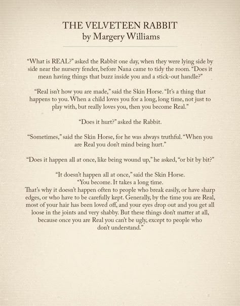 The Velveteen Rabbit  -Becoming Real- Velveteen Rabbit Aesthetic, Velvetine Rabbit, Rabbit Poetry, Rabbit Poem, Velveteen Rabbit Tattoo, Velveteen Rabbit Drawing, Velveteen Rabbit Art, The Velveteen Rabbit, Quotes From Velveteen Rabbit