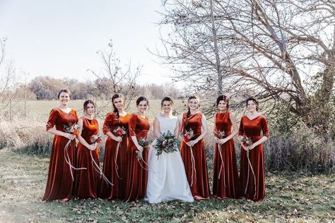 'Zehra Velvet Burnt Orange Bridesmaids Long Sleeve Dress Conservative Style, Romantic Skirt, Velvet Bridesmaid, Orange Bridesmaid, Long Sleeve Bridesmaid Dress, Orange Terracotta, Conservative Fashion, Open Back Wedding, Velvet Bridesmaid Dresses