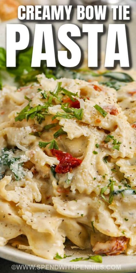 Bowtie Pasta Side Dish, Bow Tie Pasta With Sundried Tomatoes, Creamy Chicken Bowtie Pasta, Creamy Bow Tie Pasta Salad, Bow Tie Chicken Alfredo, Bow Tie Alfredo Pasta, Bow Tie Pasta Recipes Chicken Alfredo, Simple Bow Tie Pasta Recipes, Recipes With Bowtie Pasta