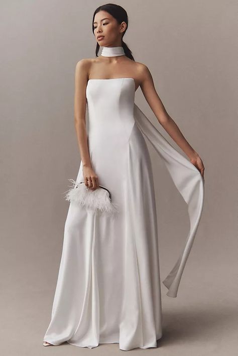 Wedding Dresses & Gowns | Anthropologie White Dress With Neck Scarf, Neck Scarf Wedding Dress, Gown With Scarf, Anthropologie Wedding Dress, Jenny By Jenny Yoo, Drop Waist Wedding Dress, Wedding Extras, Satin Wedding Gown, Anthropologie Wedding