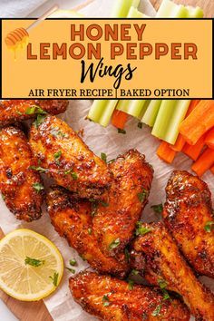 These Honey Lemon Pepper Wings are sweet, savory, and spicy with a refreshing zing of lemon! They’re made in the air fryer but can also be baked in the oven. Honey Lemon Pepper Wings, Lemon Pepper Chicken Wings Recipe, Air Fryer Recipes Chicken Wings, Chicken Wing Recipes Fried, Air Fryer Wings, Lemon Pepper Chicken Wings, Wing Sauce Recipes, Chicken Wing Recipes Baked, Lemon Pepper Wings