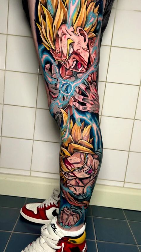 Dragonball Tattoo, Tato Realis, Vegeta Manga, Dbz Tattoo, Mario Tattoo, Leg Tattoo Ideas, Art Tattoo Ideas, Power Struggle, Majin Vegeta