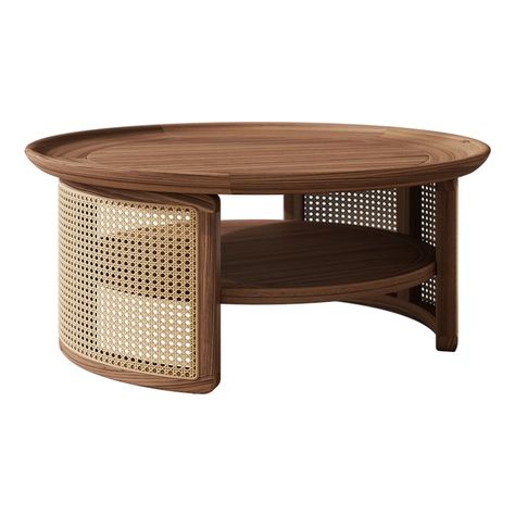 2-Tiered Japandi Round Walnut Wood Coffee Table with Storage Rattan Base Japandi Coffee Table, Teak Wood Coffee Table, Storage Rattan, Wood Coffee Table With Storage, Round Center Table, Center Table Living Room, Stemware Storage, Loveseat Living Room, Coffee Table Modern