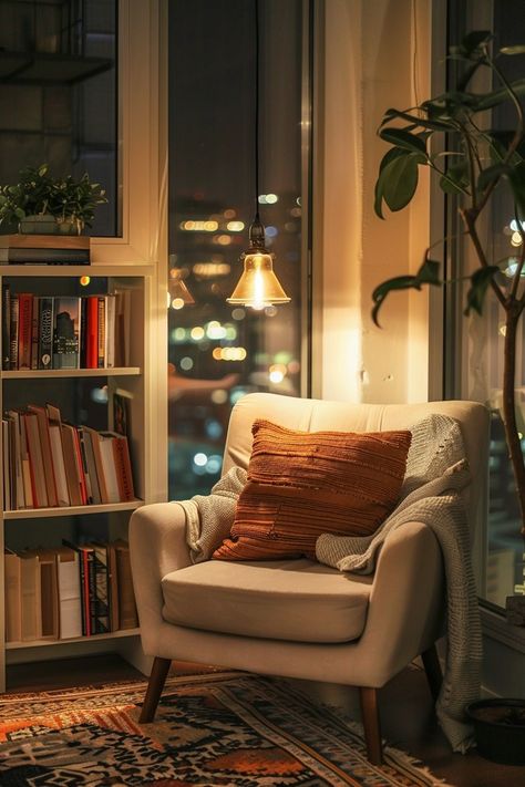 Small Chair Corner, Cozy Reading Nook Ideas For Bedrooms, Book Nook Corner, Reading Space In Bedroom, Apartment Reading Nook, Cozy Living Rooms Apartment Small Spaces, Library Rooms, Reading Nook Ideas, Home Library Rooms