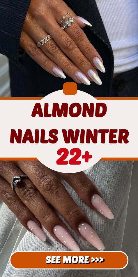 Prepare to elevate your winter style with sophisticated almond nails that radiate elegance and refinement. The elongated shape of almond nails offers a timeless charm, making them an ideal option for achieving a chic and sophisticated manicure look. Embrace the allure of almond nail perfection to enhance your overall aesthetic this winter season. Light Colored Almond Nails, Gelx Almond Nail Designs, Winter Nails Long Almond, Classy Almond Nails Winter, Almond Long Nails Design, Winter Almond Nails Designs, New Year Almond Nails, Slim Almond Nails, Short Pointy Nails Almond