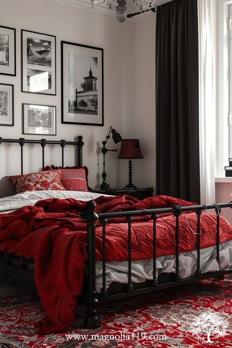 Red Black White Bedroom, Red And Black Room Aesthetic, Bedroom With Red Accents, Beam Bedroom, Black And Red Decor, Black Decor Ideas, Red And Black Decor, Red And Black Bedding, Statement Bedroom