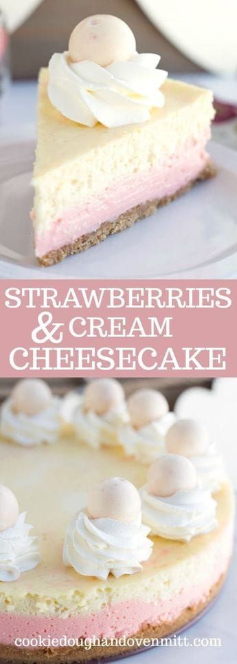 stroberi Strawberries And Cream Cheesecake, Slice Of Cheesecake, Cheesecake Layer, Banana Split Dessert, Cream Cheesecake, Vanilla Cheesecake, Torte Cupcake, Dessert Aux Fruits, Gateaux Cake