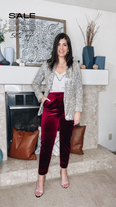 Wine Colored Pants Outfit Work, Red Velvet Blazer Outfit, Glitter Pants Outfit Night Out, What To Wear With Sequin Pants, Velvet Holiday Outfit, Burgundy Velvet Pants Outfit, Red Velvet Blazer Outfit Women, Sequined Pants Outfit, Christmas Party Outfits Plus Size