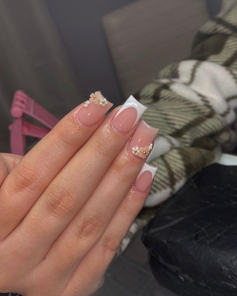 Simple Short Classy Nails, Classic Cute Nails, Small Nail Acrylic, Super Short French Tip Acrylic Nails, Short French Tip Acrylic Nails Rhinestones, Short Simple Nails Fall, Shorties Nails With Initial, Prom Nails French Tip Square, Short Nail Designs Summer Square