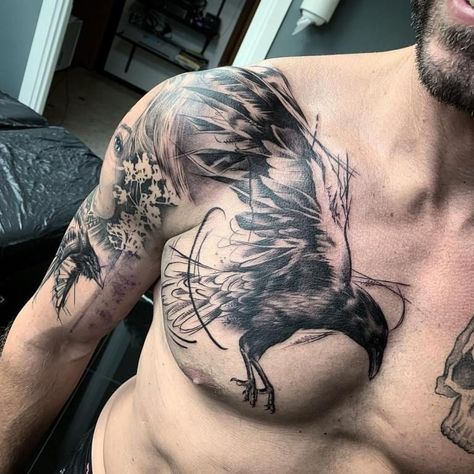 Raven Tattoo Men Chest, Crow Tattoo For Men, Tattoo Chest And Shoulder, Polka Tattoo Designs, Colorful Sleeve Tattoos, Trash Polka Tattoos, Rabe Tattoo, Trash Polka Tattoo Designs, Crow Tattoo Design