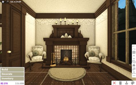 Small Victorian Interior, Victorian Homes Interior Bloxburg, Bloxburg Detailed Living Room, Bloxburg Antique House, Bloxburg Room Ideas Vintage, Antique Bloxburg House, Bloxburg Living Room Ideas Vintage, Bloxburg Orphanage Ideas, Bloxburg Custom Fireplace