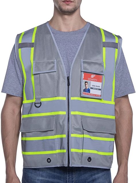 SESafety Safety Vest with 9 Pockets, High Visibility Reflective Vest, Security Vest, Work Vest for Men, Gray, 3XL - - AmazonSmile Construction Vest, Work Vest, Clothing Pattern Design, House Keeping, Vest For Men, Vest With Pockets, Reflective Vest, Construction Theme, Safety Vest