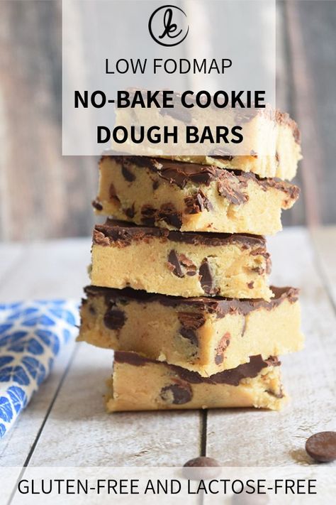 Delicious no-bake gluten-free cookie dough bars! The best egg-free gluten-free cookie dough covered with a layer of chocolate for a divine sweet snack. These cookie dough bars are low FODMAP and lactose-free too. #FODMAP #glutenfree #lactosefree #cookiedough #cookiedoughbars #nobakecookiedough Fodmap Baking, Fodmap Lunch, Gluten Free Cookie Dough, Low Fodmap Recipes Dinner, Fodmap Friendly Recipes, Low Fodmap Snacks, Fodmap Snacks, Low Fodmap Diet Recipes, Cookie Dough Bars