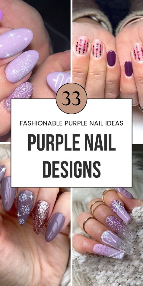 Dive into 33 bold nail designs purple perfect for your next holiday party. From almond nails with purple glitter to cute simple gel designs, these ideas will make your nails stand out. Add lavender or pink touches for a creative twist. Pin this to Purple Glitter Nails and visit the article for more! Lavender Snowflake Nails, Silver And Lavender Nails, Nail Designs With Purple, Lavender Acrylics, Purple Almond Nails Design, Purple Holiday Nails, Simple Gel Designs, Soft Purple Nails, Lavender Gel Nails