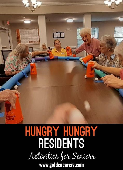 Hungry Hungry Residents: We love this game, it is so much fun! Just like Hungry Hungry Hippos! Games For Nursing Homes, May Activities For Seniors Nursing Homes, Fun Games To Play With Seniors, April Nursing Home Activities, Senior Exercise Activities, Activity For Seniors Assisted Living, April Activity Ideas For Seniors, Crafts To Do With The Elderly, Senior Physical Activities