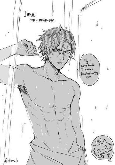 Jumin Han, text, shower, wet, towel, water; Mystic Messenger Jumin Han Mystic Messenger, Mystic Messenger Jumin, Nagisa Shiota, Jumin Han, Mystic Messenger, Fan Fiction, Drawing Base, Drawing Poses