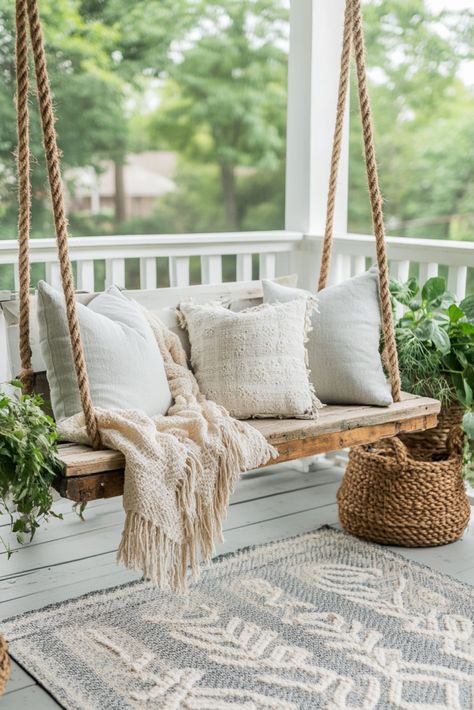 ✨ Hidden Porch Secrets: Create a Dreamy Outdoor Escape! 🌙 - Porch Swings Hanging Ideas, Porch Swing Ideas, Front Porch Seating Ideas, Lake House Porch, Porch Decoration Ideas, Small Covered Patio, Front Porch Seating, Indoor Porch, Front Porch Swing