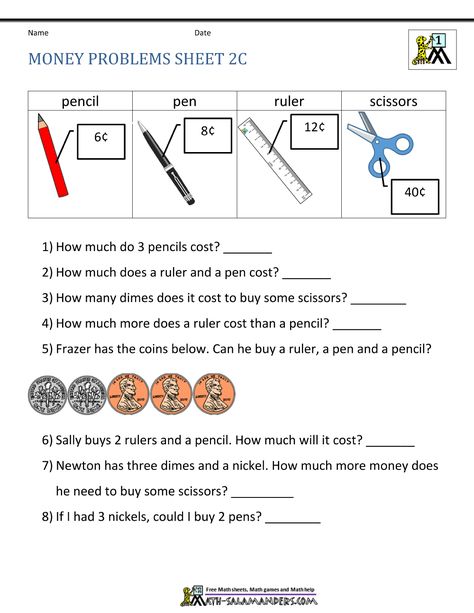 https://www.math-salamanders.com/image-files/first-grade-money-worksheets-problems-sheet-2c.gif Money Problem, Money Word Problems, Number Flashcards, Money Worksheets, Bible Activities For Kids, Literacy Worksheets, Preschool Math Worksheets, Printable Preschool Worksheets, Money Problems