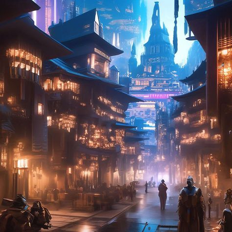 Fantasy Technology City, Urban Fantasy City Modern, Cyberpunk City Fantasy Art, High Fantasy City Concept Art, Cyberpunk Kingdom, Medieval Cyberpunk City, Fantasy Night City, Futuristic Medieval City, Fantasy Cyberpunk City