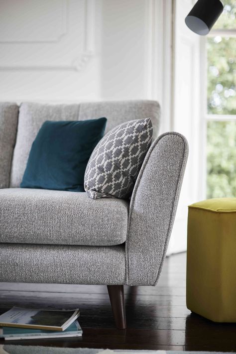 Take a luxe grey fabric sofa and pile it with luxuriously comfy cushions. #greyroom #greydecor #greysofa Cushions For Grey Sofa, Grey Sofa Design, Gray Sofa Styling, Light Gray Sofas, Grey Couch, Grey Fabric Sofa, Grey Sofa, Pallet Ideas Easy, Pallet Sofa