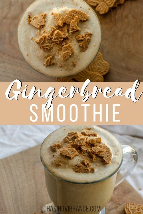 If you're craving the flavor of Gingerbread Christmas cookies make this healthy Gingerbread Smoothie instead! You'll get all the tasty flavor of gingerbread, plus more protein! This Christmas vegan and gluten free smoothie is sure to hit the spot AND keep your healthy living goals on track this holiday season! #gingerbreadsmoothie #healthysmoothie #christmassmoothie Healthy Christmas Breakfast, Gingerbread Smoothie, Holiday Smoothies, Christmas Smoothies, Healthy Gingerbread, Gingerbread Christmas Cookies, Gluten Free Smoothie, Christmas Vegan, Perfect Healthy Breakfast