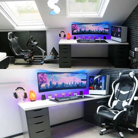 TΞCH SPIΞS on Instagram: “Rate this setup from 1 - 10? 🚀📸: @49inch_btw 💜 ⠀ Subscribe to my Youtube channel, link in bio! ⠀ Follow @tech__spies for your daily…” Cool Gaming Setups, Best Pc Setup, Gaming Setup Room, Gamer Room Ideas, Gaming Setup Ideas, Best Gaming Setup, Room Gaming, Computer Desk Setup, Slanted Ceiling