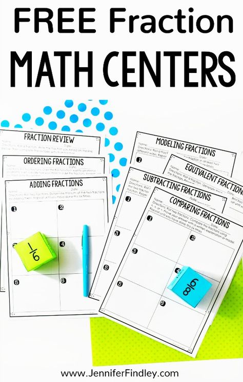 Need new fraction activities for independent practice or math centers? Check out this post for FREE low-prep printable fraction math centers for 4th and 5th grade. Fraction Math, 4th Grade Fractions, Math Enrichment, Grade 6 Math, Teaching Fractions, Fraction Activities, Fifth Grade Math, Fourth Grade Math, Singapore Math