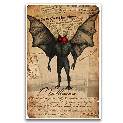 Mothman urban legend art print, myths monsters and folklore, cryptid bestiary art Magical Creatures Mythology, Cryptid Art, The Mothman, Folklore Art, Myths & Monsters, Urban Legend, Science Journal, Journal Art, Urban Legends