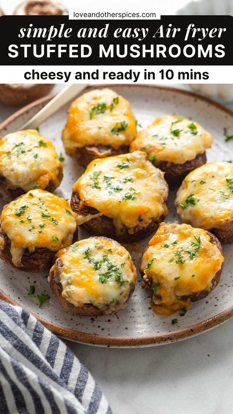 Stuffed Mushrooms With Cream Cheese Air Fryer, Air Fryer Stuffed Mushrooms Recipe, Stuffed Mushrooms Cheese, Cream Cheese Stuffed Mushrooms Easy, Easy Appetizers For A Party Air Fryer, Cream Cheese Mushrooms Stuffed, Mozzarella Stuffed Mushrooms, Stuffed Mushroom Recipes Cream Cheese, Airfryer Stuffed Mushrooms