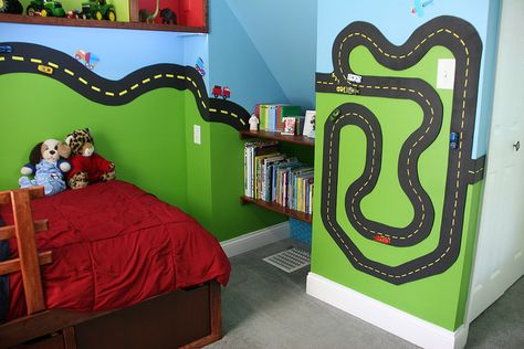 Corner of transportation room with magnetic race track with matchbox cars that we glued magnets to.  Perfect boys room! | Flickr - Photo Sharing! Magnetic Paint, Transportation Room, Cars Room, Matchbox Cars, Toddler Bedrooms, Green Theme, Boy Bedroom, Big Boy Room, Toy Rooms