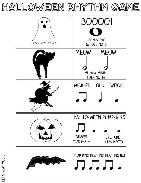 Let's Play Music : Halloween Rhythm Sheet - Match the Halloween character to the musical note value in this fun, educational game! Halloween Music Worksheets, Halloween Music Class, Halloween Music Lessons, Music Therapy Activities, Lets Play Music, Rhythm Activities, Kindergarten Music, Halloween Character, Holiday Lessons