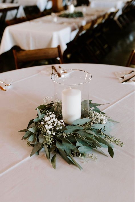 Cost Effective Table Centerpieces, Round Table Wedding Greenery, Olive Centerpiece Table Decorations, Candle With Greenery Centerpiece, Single Floating Candle Centerpieces, Sage Green Table Centerpieces, Eucalyptus Wreath Centerpiece, Eucalyptus Centerpiece Wedding Table Decor, Eucalyptus Round Table Decor