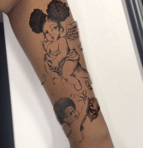 Afro Cherub Tattoo, Eternal Happiness Tattoo, Black Fairy Tattoos For Women, Black Cherub Tattoo, Black Angels Tattoo, Afro Tattoo Ink Black Women, Afro Fairy Tattoo, Afrocentric Tattoos For Women, Black Woman Tattoo