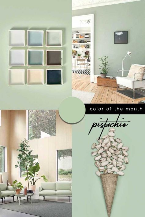 COLOR OF THE MONTH | A refreshing uplift with Pistachio Green and other pale greens – part 1  #green #colortrends Light Green Living Room, Light Green Interior, Green Color Trends, Sunroom Inspiration, Green Walls Living Room, Light Green Walls, Green Painted Walls, Color Of The Month, Pistachio Color