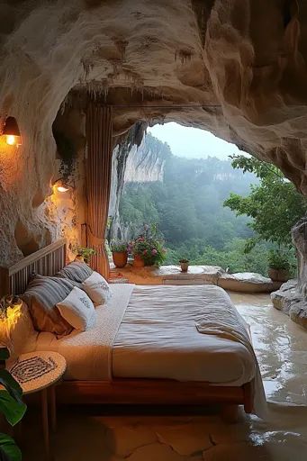 ↑↑↑ Larger size on website 🔸 A cozy cave bedroom with a wooden bed, plush pillows, and a side table. The cave entrance frames a b Cave Environment, Lush Green Forest, Cave Bedroom, Cave Room, Cave Entrance, Distant Mountains, Natural Stone Wall, Cave House, Alternative Lifestyle