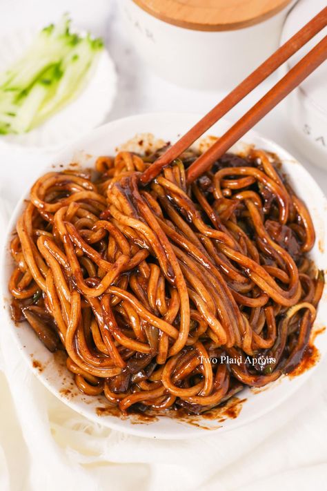 Jajangmyeon (Korean Black Bean Noodles) | Two Plaid Aprons Jajangmyeon Recipe, Korean Noodle Dishes, Shrimp With Lobster Sauce, Black Bean Noodles, Bean Noodles, Cucumber Kimchi, Plaid Apron, Bean Sauce, Fusion Dishes