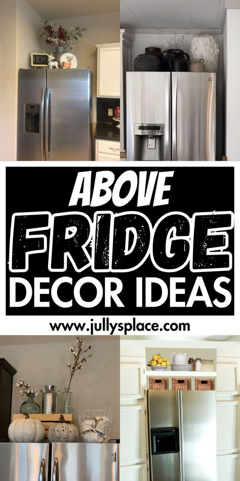 Above Fridge Decor Ideas Open Shelves Above Fridge, Top Of Refrigerator Decor Ideas Storage, Over Refrigerator Decor, Fridge Surround Ideas, Top Of Fridge Decor Ideas Modern, Above The Refrigerator Decor, Decorate Above Fridge, Over The Refrigerator Storage Ideas, Above The Refrigerator Ideas