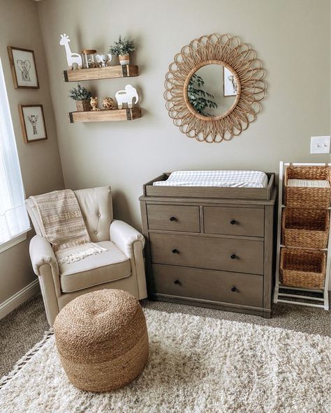 Cute Simple Nursery Ideas, Neutral Themed Nursery, Small Nursery Set Up, Boys Neutral Nursery, Boys Safari Nursery, Gender Neutral Baby Room Ideas, Nursery Set Up Layout Small Spaces, Very Small Nursery Ideas, Gender Neutral Boho Nursery