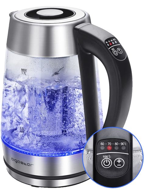 Aigostar Electric Kettle Temperature Control & Tea Infuser 1.7L, Hot Water Tea Kettle with Variable Temperature LED Indicator Light Change Auto Shut-Off Glass Kettle, Glass Tea Kettle, Instant Water Heater, Electric Tea Kettle, Water Boiler, Tea Maker, Water Kettle, Tea Infuser, Tea Kettle