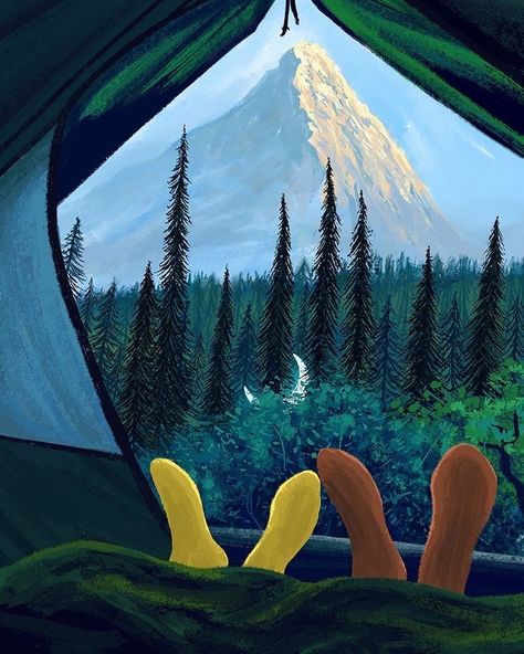 Couple Camping Drawing, Camping Painting Ideas, Camping Drawing, Poster Grafico, Mountain Illustration, Illustration Photo, Canvas Painting Designs, 수채화 그림, Small Canvas Art