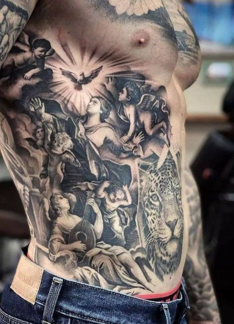 Mens Stomach Tattoo, Tattoo House, Blitz Tattoo, Chest Tattoo Drawings, Underarm Tattoo, Rib Tattoos For Guys, Full Chest Tattoos, Backpiece Tattoo, Wrist Tattoo Ideas