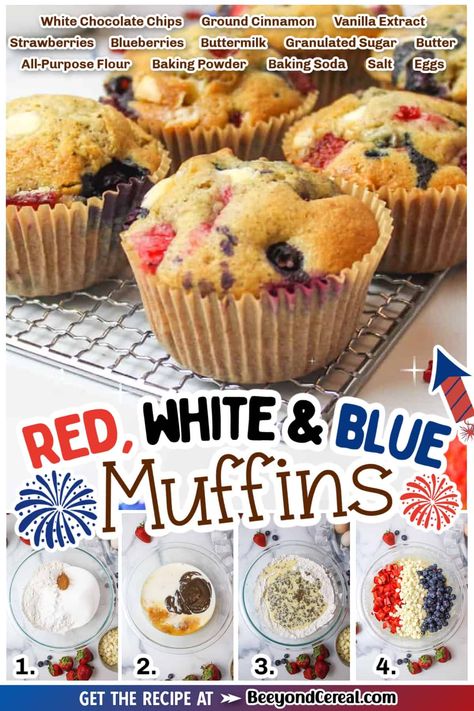 These red white and blue muffins are a great treat for any occasion but they're especially fitting for patriotic holidays like Memorial Day and the Fourth of July! 4th Of July Muffins, Veterans Day Brunch Ideas, Red White And Blue Brunch, Red White And Blue Breakfast, Fourth Of July Breakfast Ideas, Patriotic Breakfast, Fourth Of July Breakfast, Blue Muffins, Red White And Blue Food