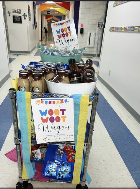 Staff Appreciation Snack Cart Ideas, Teacher Treat Trolley, Teacher Appreciation Garden Theme, Morale Boosters At Work Teachers, Woot Woot Wagon For Teachers, Teacher Appreciation Coffee Bar, Teacher Snack Cart Ideas, Snack Cart Ideas For Work, Teacher Appreciation Decorations