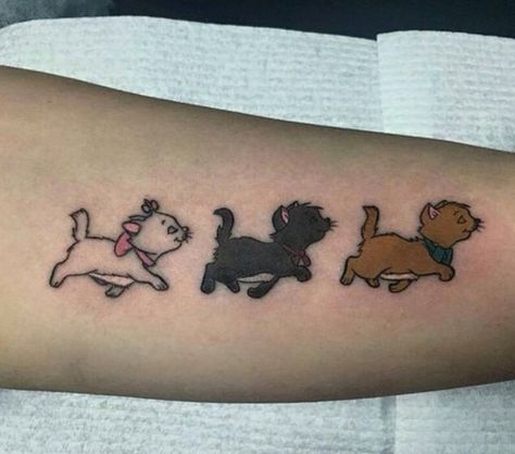 Disney Trio Tattoos, Marie Tattoo Aristocats, Trio Best Friend Tattoos, Trio Matching Tattoos, Aristocats Tattoo, Marie Tattoo, Matching Disney Tattoos, Trio Tattoos, Matching Tattoos For Siblings