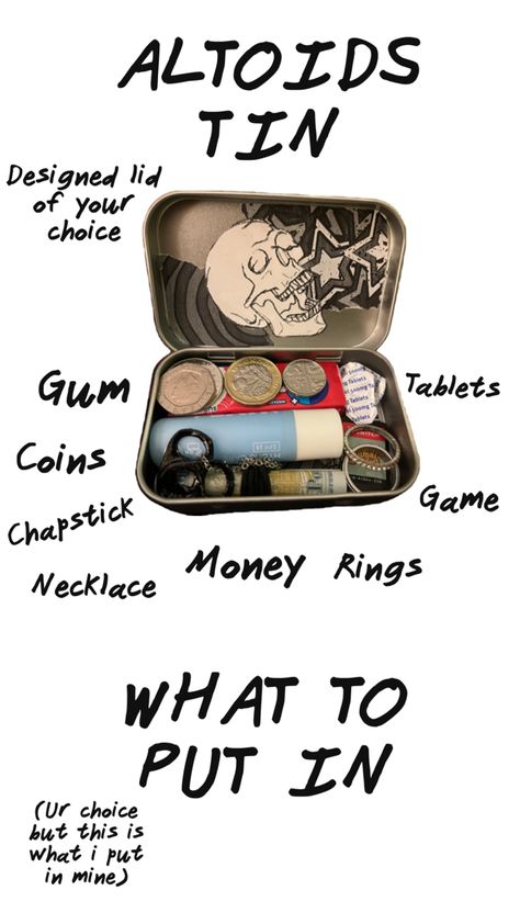 what I put in my altoids Empty Altoid Tins Ideas, Small Altoid Tin Ideas, What To Put In A Altoids Wallet, Flask Decorating Ideas, Things To Make Out Of Altoids Tins, Things To Put In Your Wallet, What To Put In An Altoids Wallet, Altoid Tin Ideas Outside, Altoids First Aid Kit