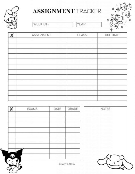 Aesthetic Weekly Planner Ideas, Sanrio School Printables, Study Paper Free Printable, Goodnotes Template Aesthetic, Aesthetic Goodnotes Templates, To Do List Pink Aesthetic, Chart Template Aesthetic, Sanrio Schedule, Planer Ideas Diy Daily Planners