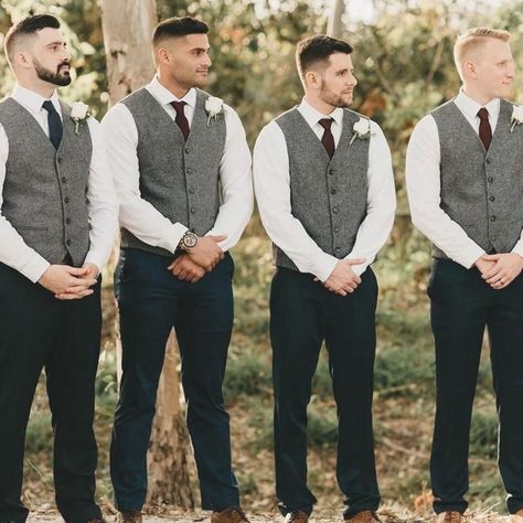 Tweed Groomsmen, Groomsmen Attire Grey, Vest Groom, Mens Dress Attire, Groomsmen Vest, Groom Vest, Wedding Groomsmen Attire, Casual Grooms, Wedding Vest